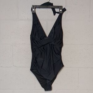 Black One-Piece Swimsuit Halter Neck Twist Front Shirred Tummy Size Medium NWOT